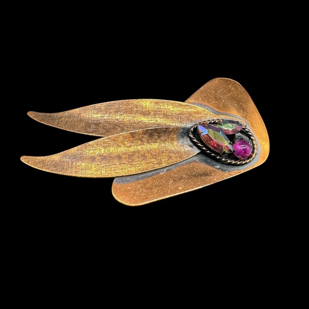 Artisan Made Copper Brooch Teardrop Purple Stone Vintage